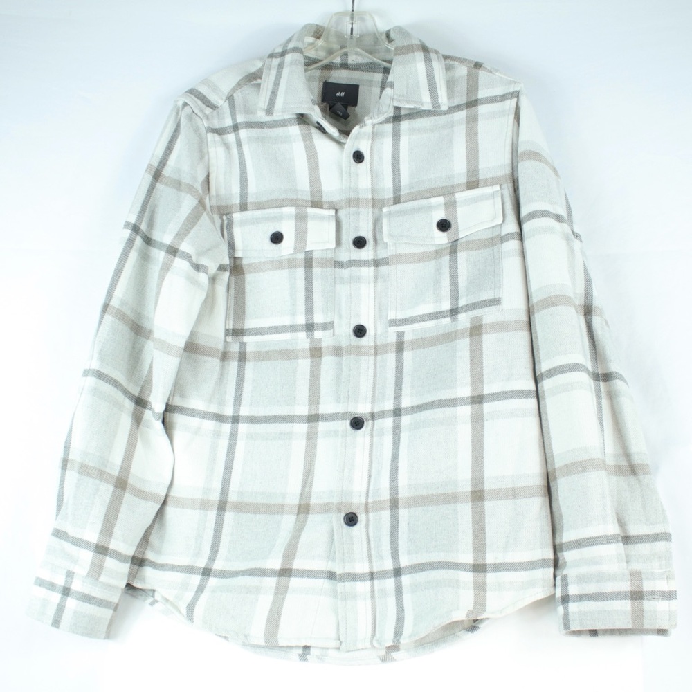 H&M White & Light Gray Thick Plaid Flannel Jacket Mens Size XS‎